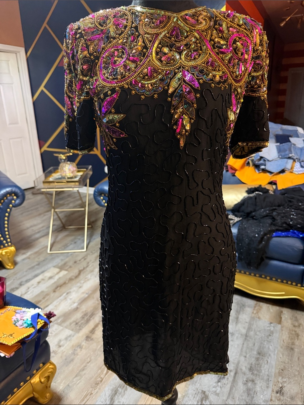 Vintage Laurence Kazar Black Cocktail Dress with Gold & Fuchsia Accents